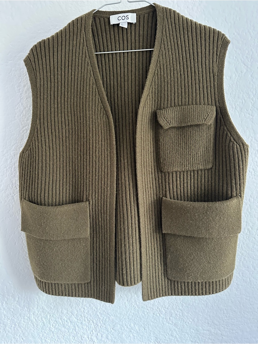 COS Military Olive Green Ribbed Merino Wool Cardigan Vest - Picture 7 of 12